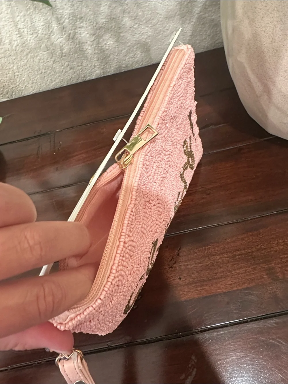 House of Harlow 1960 Pink Beaded Wristlet with Gold Logo Accent